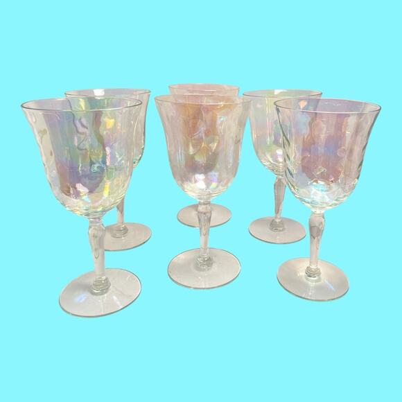 6 Fostoria Crystal Pearl Shell Iridescent Wine Glasses Loop Optics - Picture 3 of 15